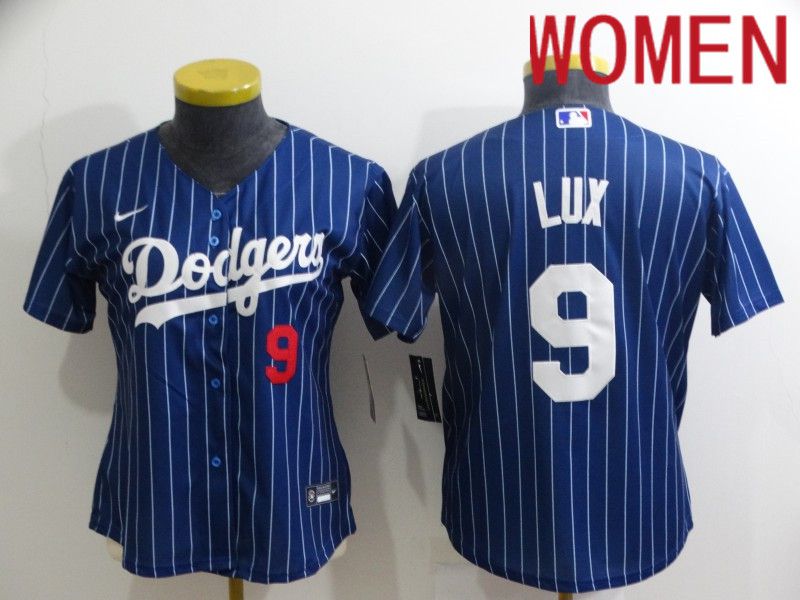 Women Los Angeles Dodgers 9 Lux Blue Stripe Throwback Nike 2022 MLB Jerseys